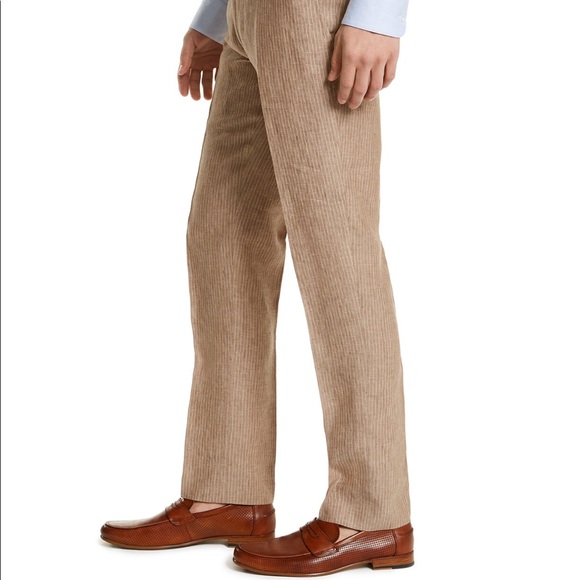 Bar III Men’s Slim Fit Tan Pinstripe Linen Suit Pants Created for Macy’s - Picture 5 of 10